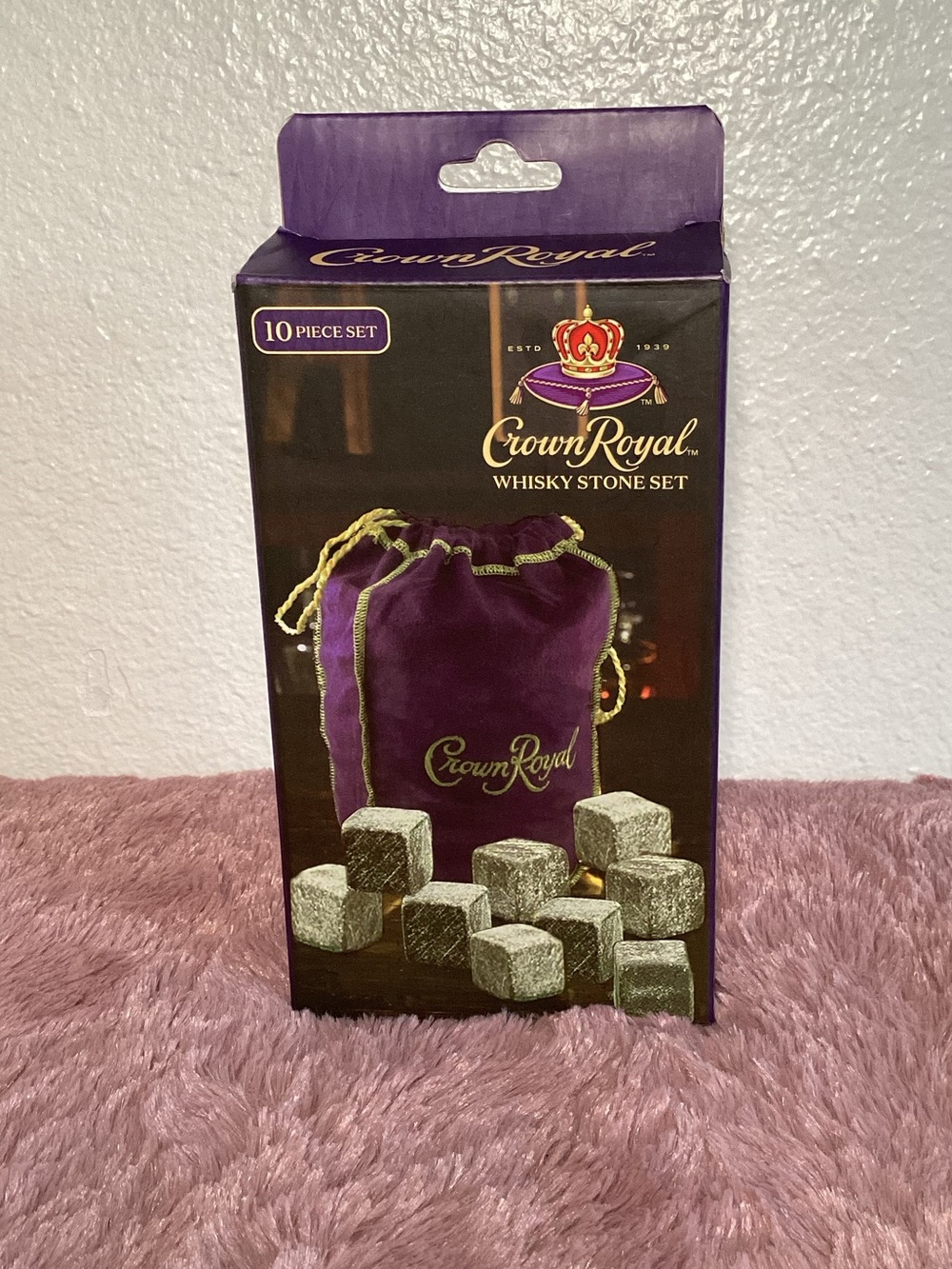 Crown Royal Whisky Stone Set - Purple Velvet Bag with Gray Stones